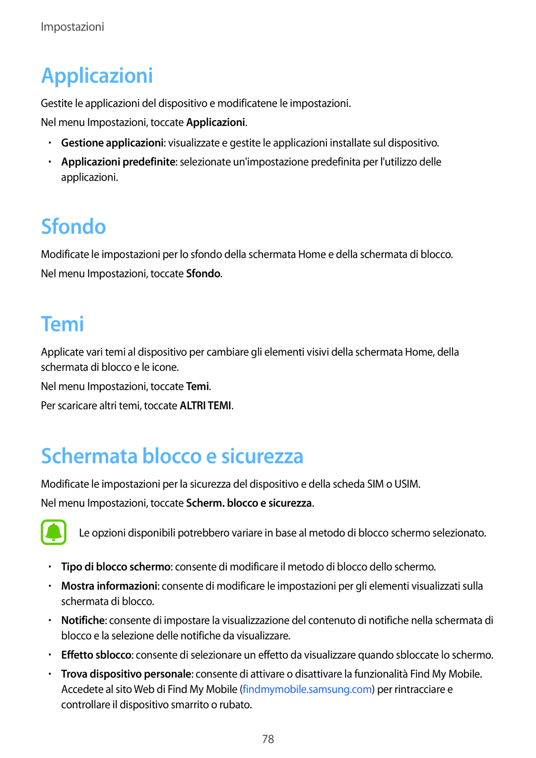 Samsung SM-J320FZKDITV, SM-J320FZWNITV, SM-J320FZWDITV manual Applicazioni, Sfondo, Temi, Schermata blocco e sicurezza 