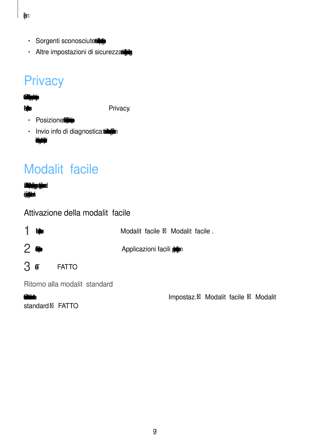 Samsung SM-J320FZWNITV, SM-J320FZKDITV, SM-J320FZWDITV manual Privacy, Modalità facile, Attivazione della modalità facile 