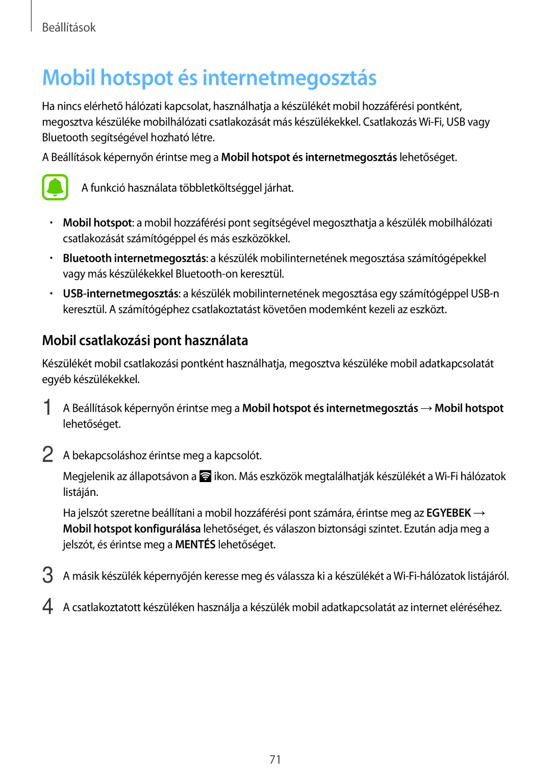 Samsung SM-J320FZKDXEH, SM-J320FZWDXEH manual Mobil hotspot és internetmegosztás, Mobil csatlakozási pont használata 