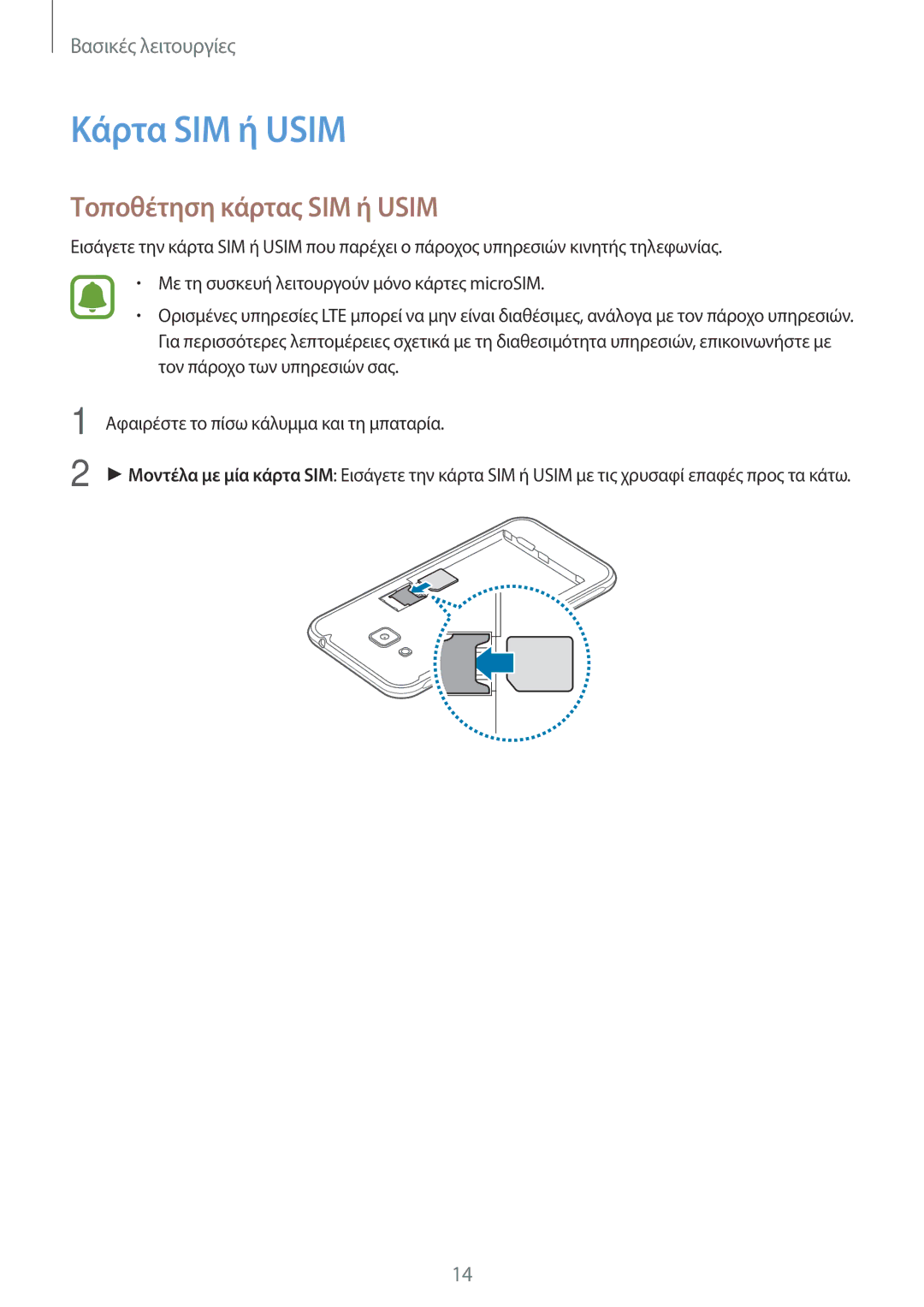 Samsung SM-J320FZWDEUR, SM-J320FZWNEUR, SM-J320FZKDEUR, SM-J320FZKNEUR manual Κάρτα SIM ή Usim, Τοποθέτηση κάρτας SIM ή Usim 