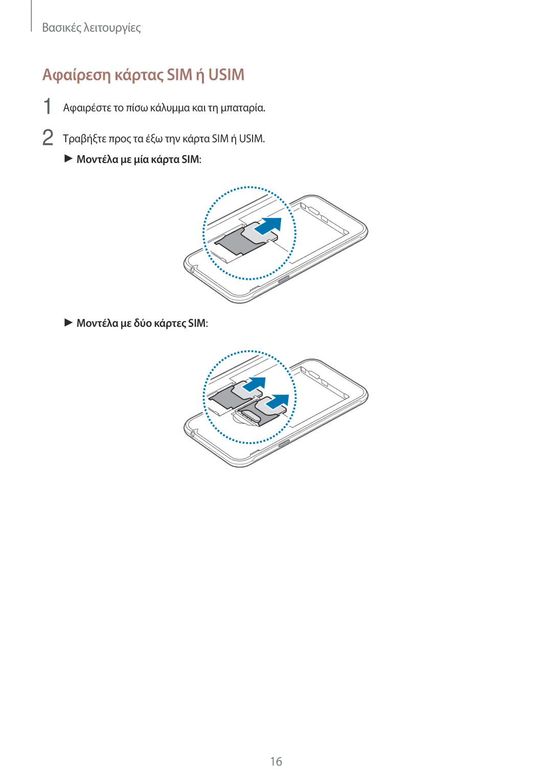 Samsung SM-J320FZKDEUR, SM-J320FZWNEUR manual Αφαίρεση κάρτας SIM ή Usim, Μοντέλα με μία κάρτα SIM Μοντέλα με δύο κάρτες SIM 