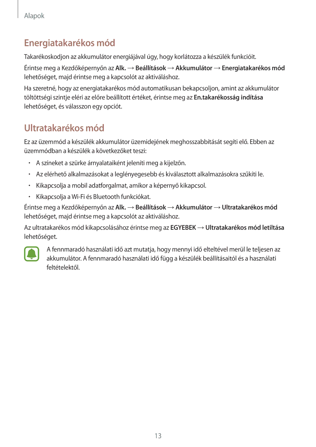 Samsung SM-J320FZKNXEH, SM-J320FZWNXEH, SM-J320FZDNXEH manual Energiatakarékos mód, Ultratakarékos mód 