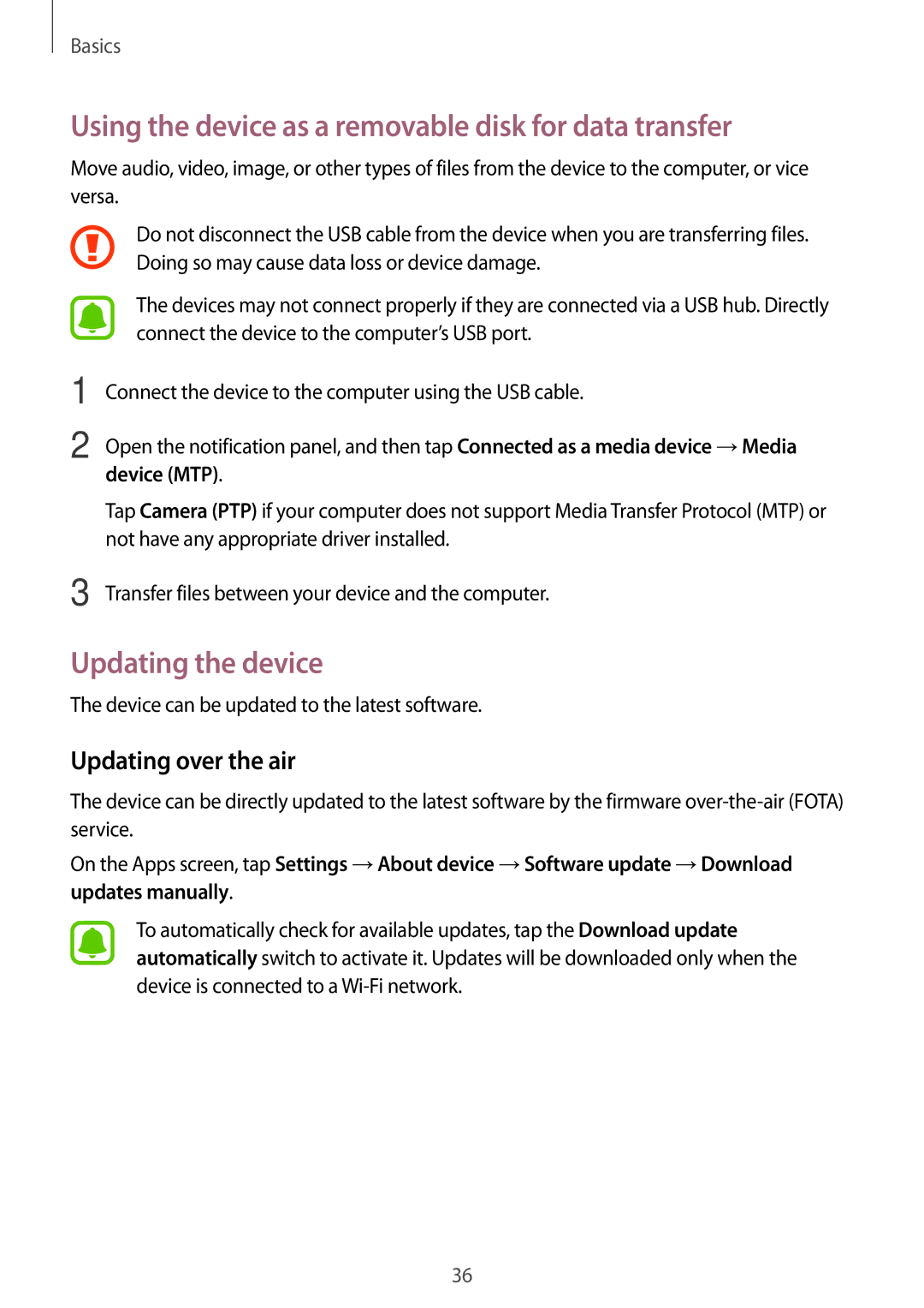 Samsung SM-J320GZWDXXV Using the device as a removable disk for data transfer, Updating the device, Updating over the air 