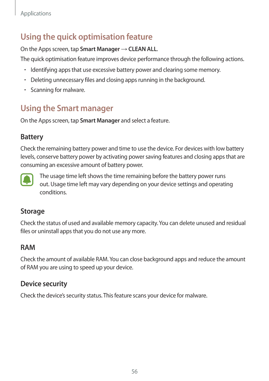 Samsung SM-J320GZWDXXV Using the quick optimisation feature, Using the Smart manager, Battery, Storage, Device security 