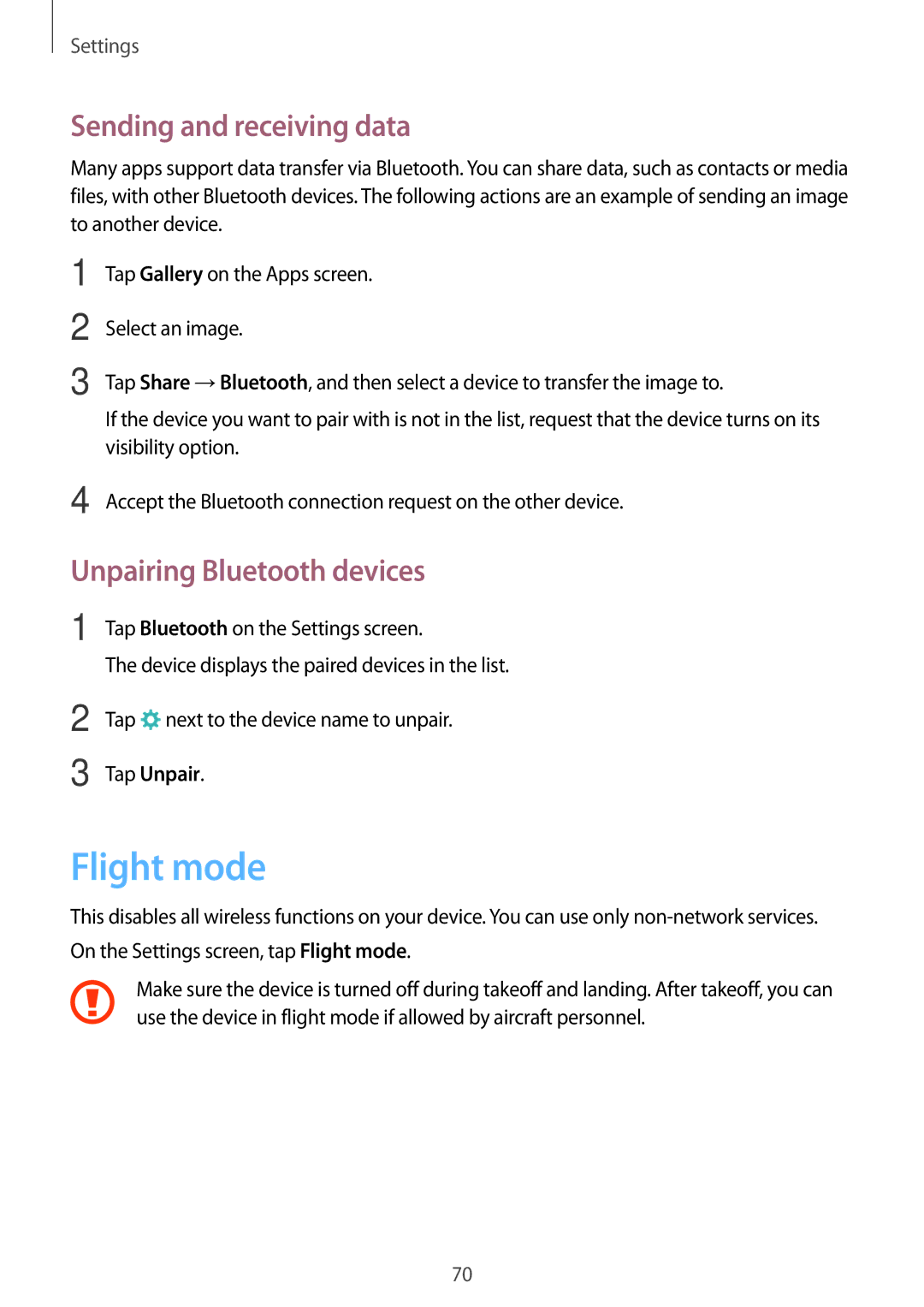 Samsung SM-J320GZWDXXV, SM-J320GZDDXXV manual Flight mode, Sending and receiving data, Unpairing Bluetooth devices 