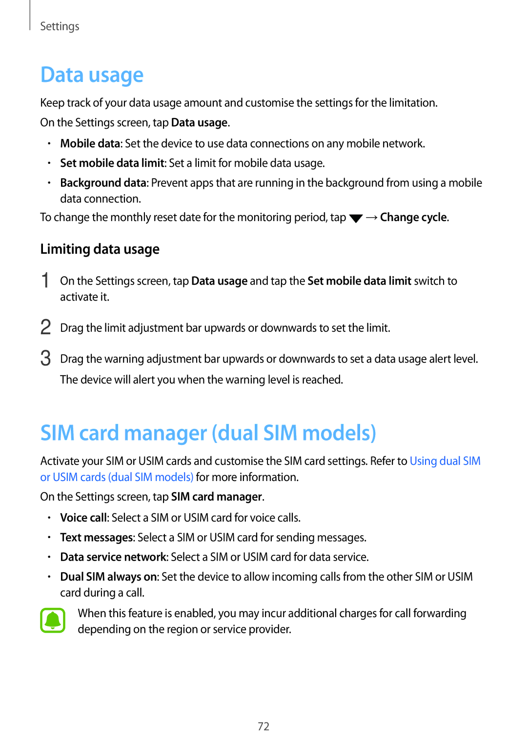 Samsung SM-J320GZWDXXV, SM-J320GZDDXXV manual Data usage, SIM card manager dual SIM models, Limiting data usage 