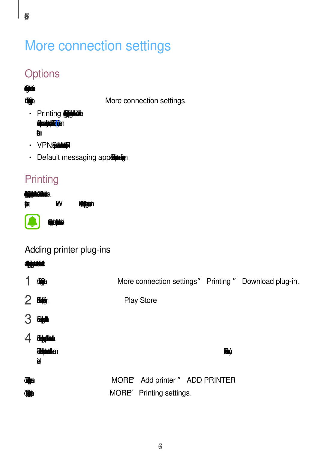 Samsung SM-J320GZWDXXV, SM-J320GZDDXXV manual More connection settings, Options, Printing, Adding printer plug-ins 