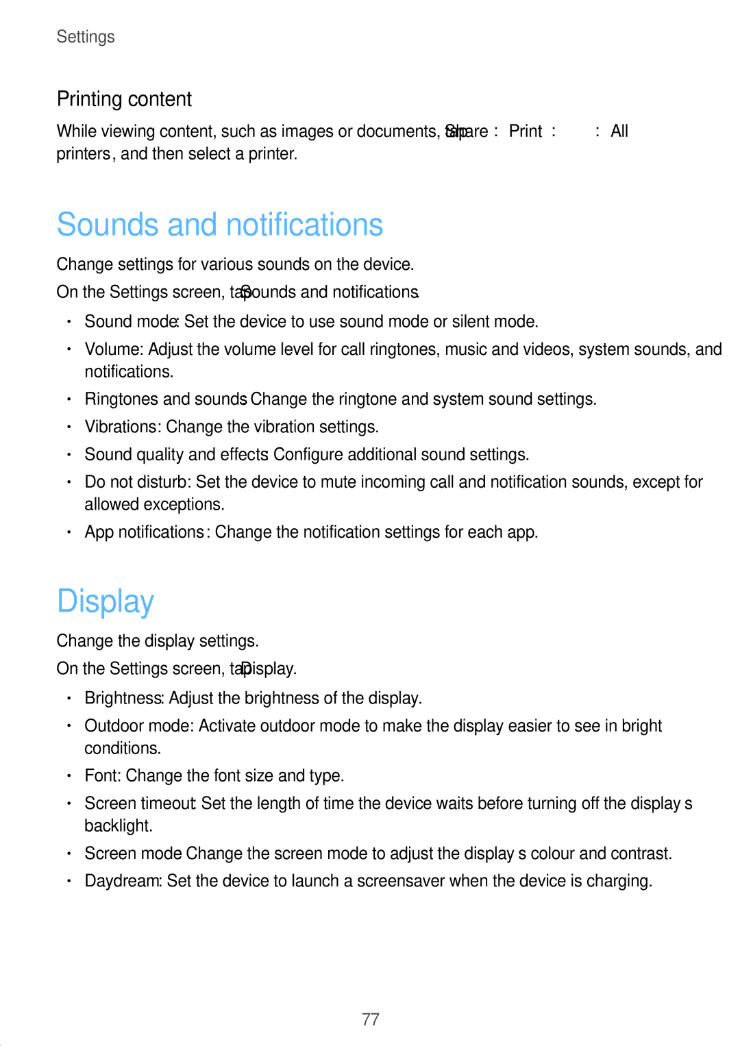 Samsung SM-J320GZDDXXV, SM-J320GZWDXXV manual Sounds and notifications, Display, Printing content 