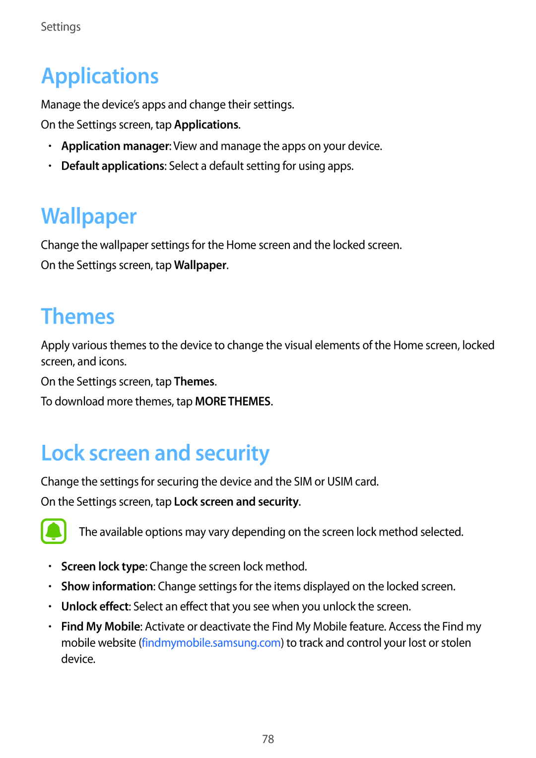 Samsung SM-J320GZWDXXV, SM-J320GZDDXXV manual Applications, Wallpaper, Themes, Lock screen and security 