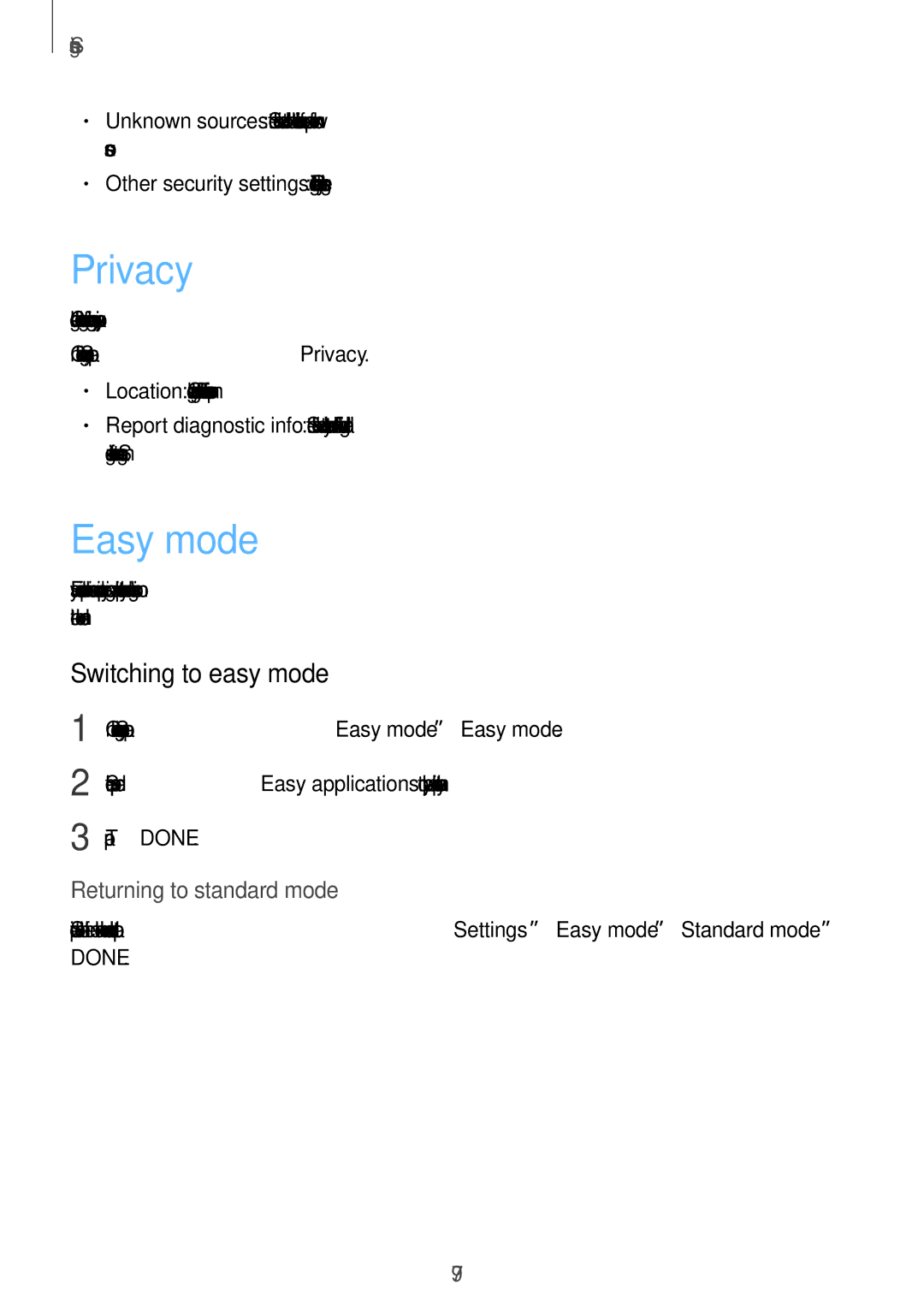 Samsung SM-J320GZDDXXV, SM-J320GZWDXXV manual Privacy, Easy mode, Switching to easy mode 