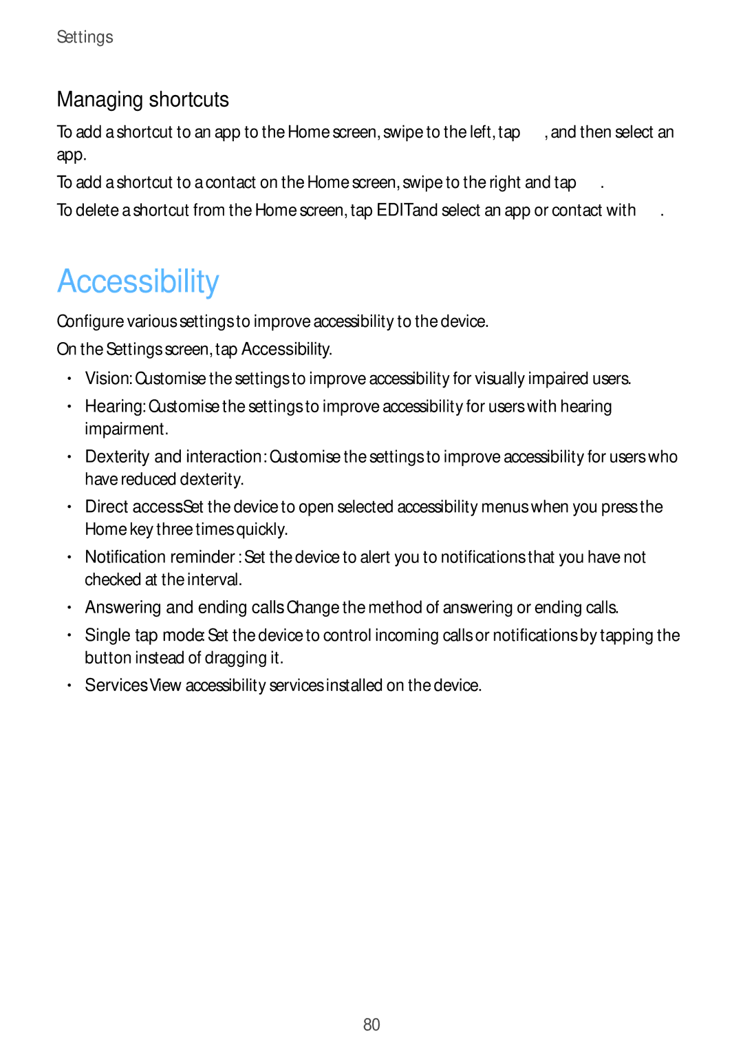 Samsung SM-J320GZWDXXV, SM-J320GZDDXXV manual Accessibility, Managing shortcuts 