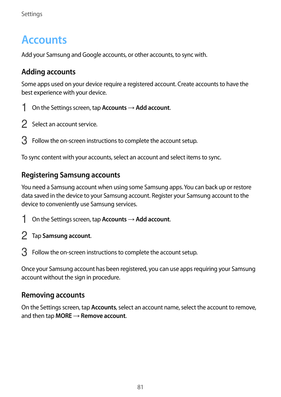 Samsung SM-J320GZDDXXV, SM-J320GZWDXXV manual Accounts, Adding accounts, Registering Samsung accounts, Removing accounts 