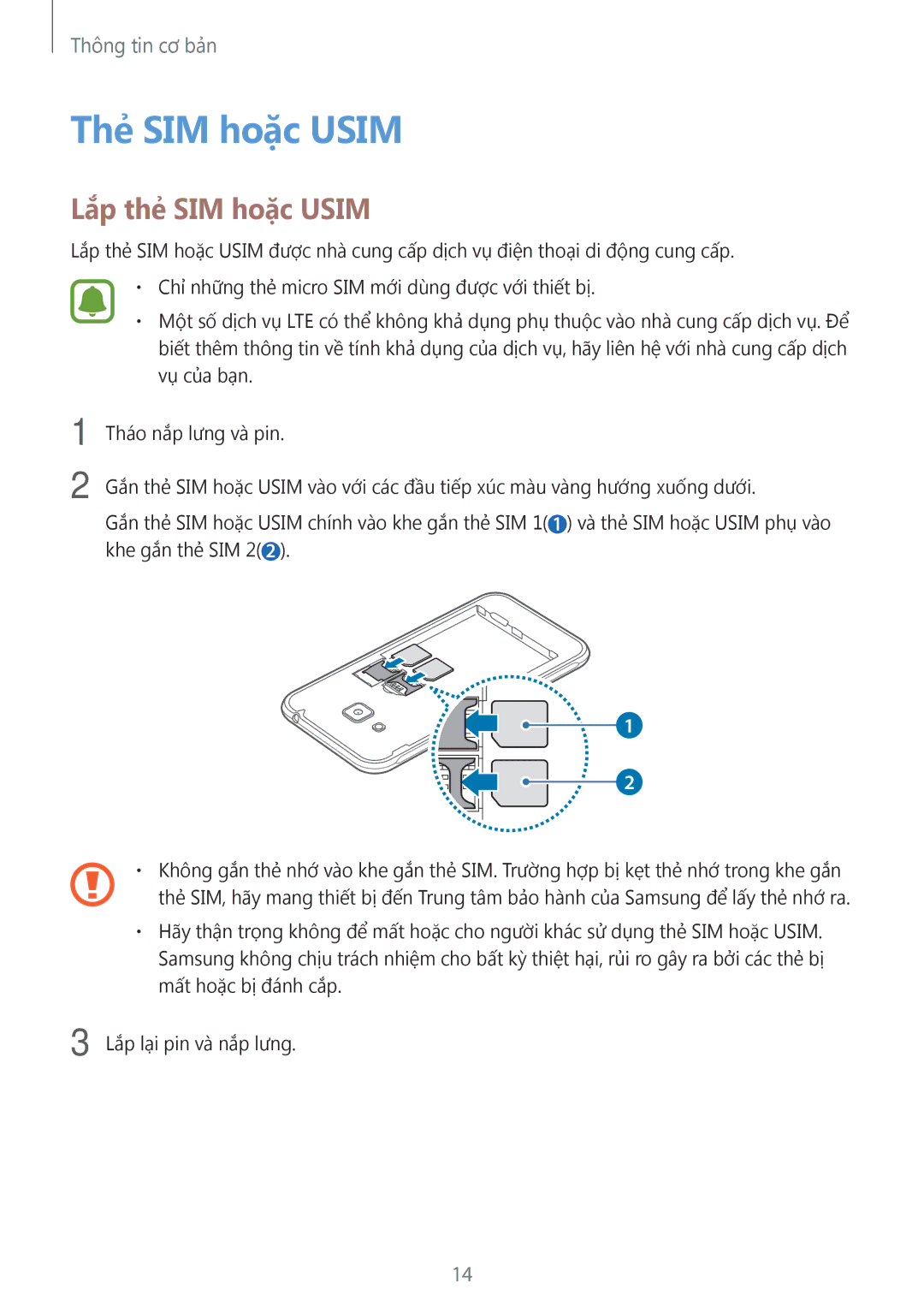 Samsung SM-J320GZWDXXV, SM-J320GZDDXXV manual Thẻ SIM hoặc Usim, Lắp thẻ SIM hoặc Usim 