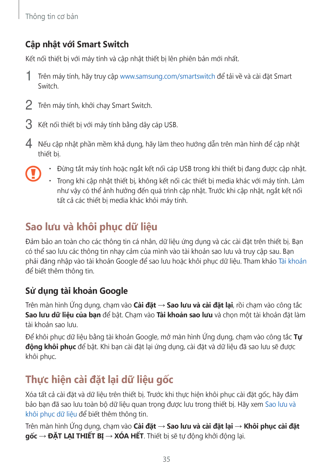 Samsung SM-J320GZDDXXV manual Sao lưu và̀ khôi phục dữ liệu, Thực hiện cà̀i đặt lại dữ liệu gốc, Cập nhật với Smart Switch 