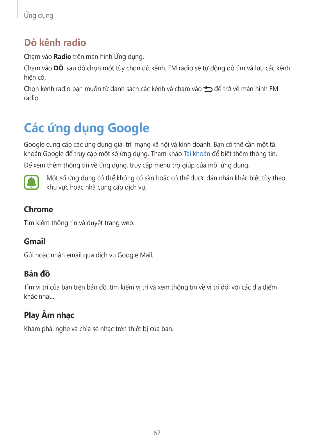 Samsung SM-J320GZWDXXV, SM-J320GZDDXXV manual Các ứng dụng Google, Dò kênh radio 