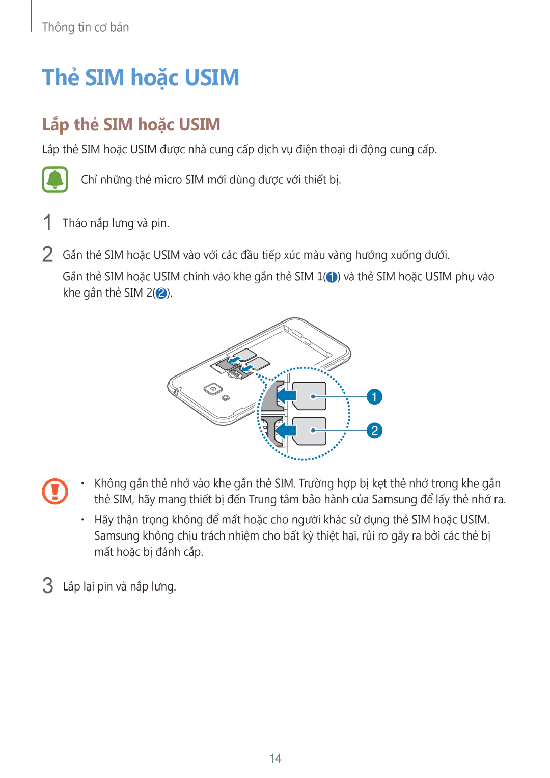 Samsung SM-J320HZWDXXV, SM-J320HZKDXXV, SM-J320HZDDXXV manual Thẻ SIM hoặc Usim, Lắp thẻ SIM hoặc Usim 