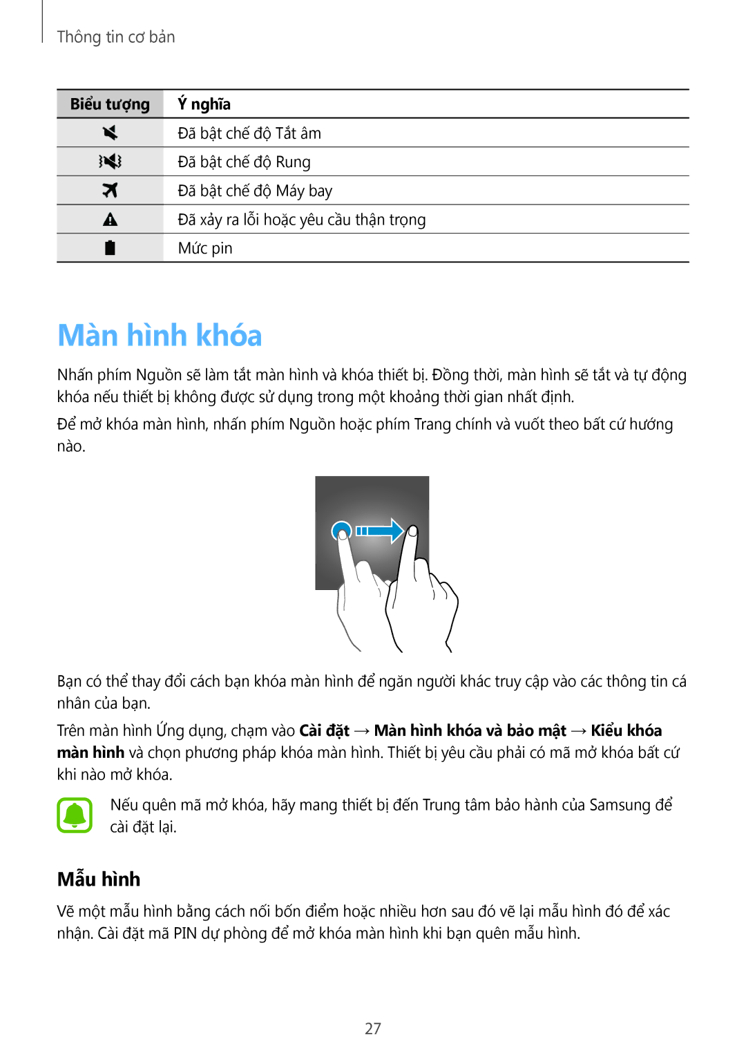 Samsung SM-J320HZKDXXV, SM-J320HZDDXXV, SM-J320HZWDXXV manual Mà̀n hình khóa, Mẫu hình 