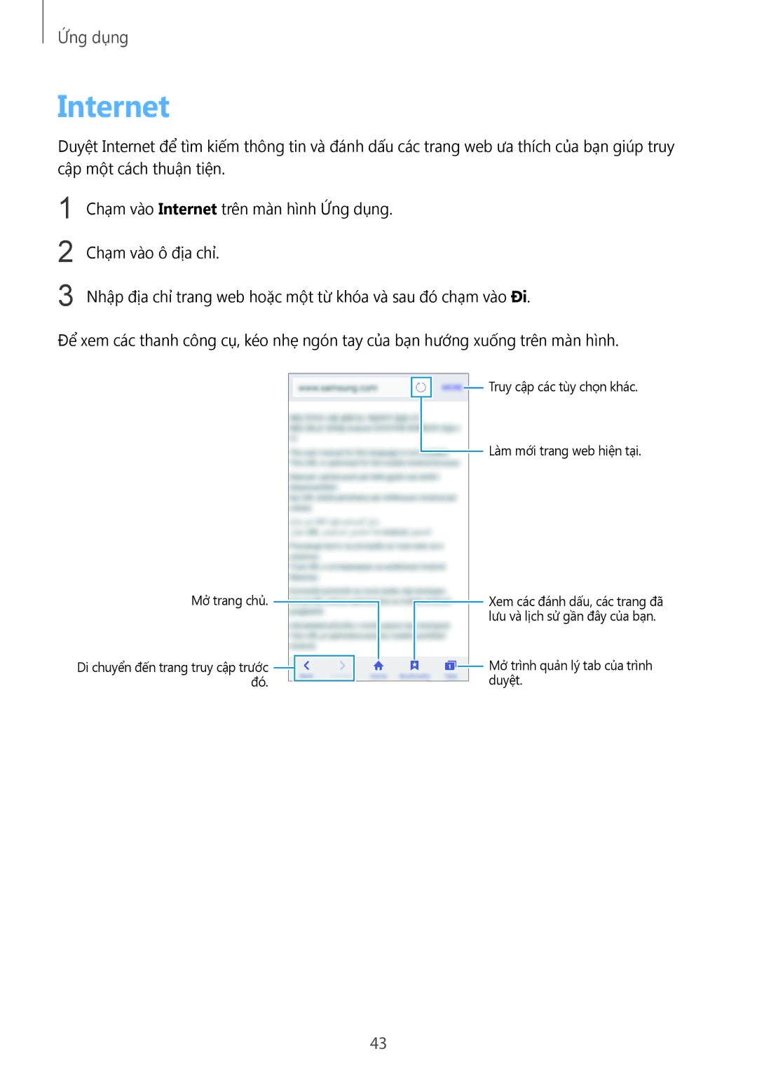 Samsung SM-J320HZDDXXV, SM-J320HZKDXXV, SM-J320HZWDXXV manual Internet, Mở trang chủ 