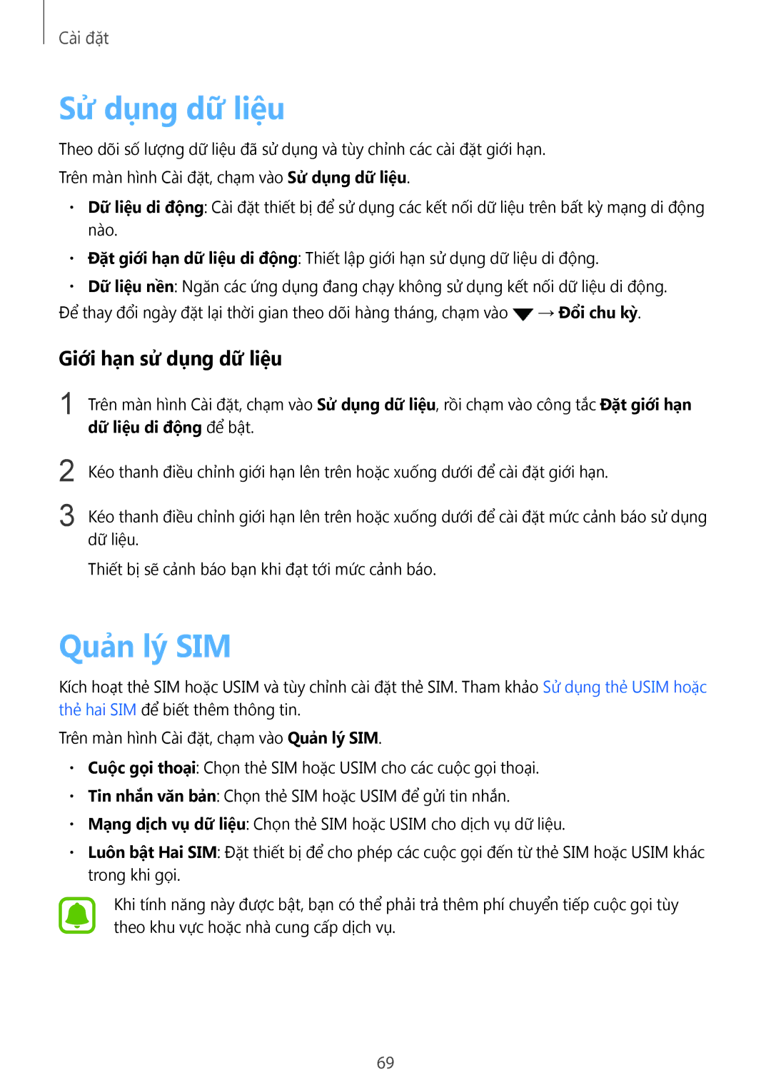 Samsung SM-J320HZKDXXV, SM-J320HZDDXXV, SM-J320HZWDXXV manual Sử dụng dữ liệu, Quản lý SIM, Giới hạn sử dụng dữ liệu 