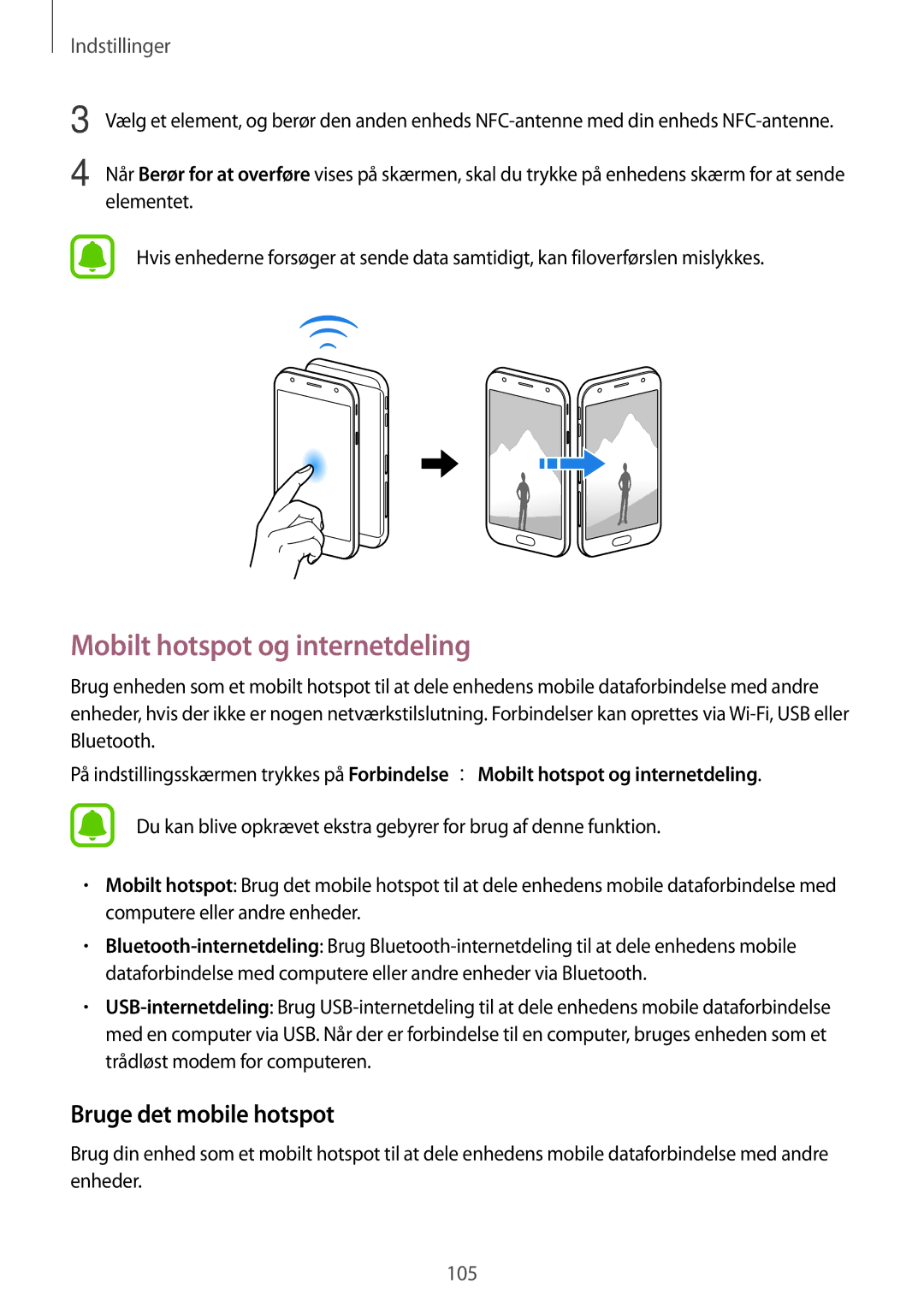 Samsung SM-J330FZDDNEE, SM-J330FZKDNEE, SM-J330FZSDNEE manual Mobilt hotspot og internetdeling, Bruge det mobile hotspot 