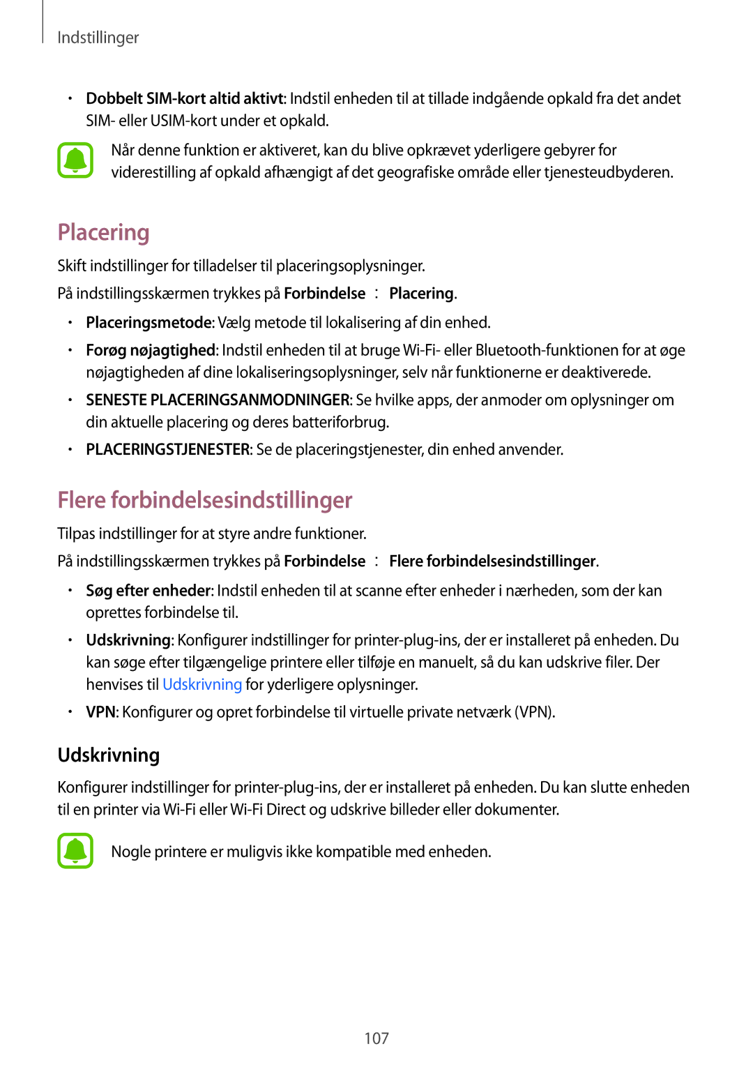 Samsung SM-J330FZSDNEE, SM-J330FZDDNEE, SM-J330FZKDNEE manual Placering, Flere forbindelsesindstillinger, Udskrivning 