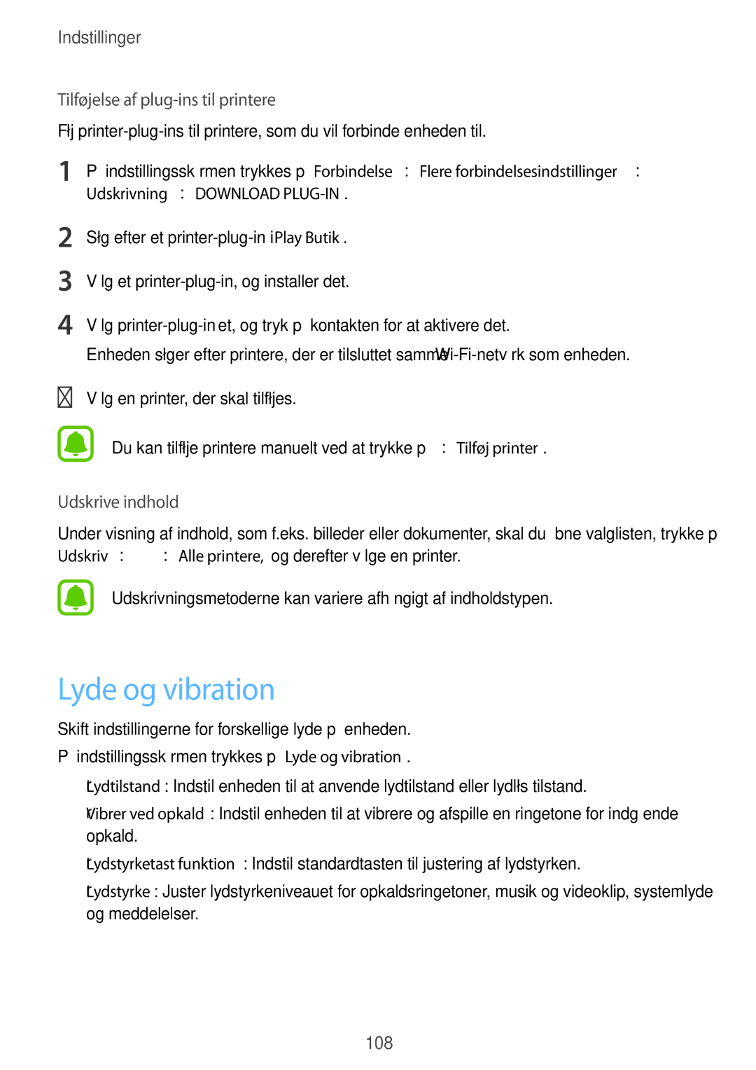 Samsung SM-J330FZDDNEE, SM-J330FZKDNEE, SM-J330FZSDNEE manual Lyde og vibration, Tilføjelse af plug-ins til printere 