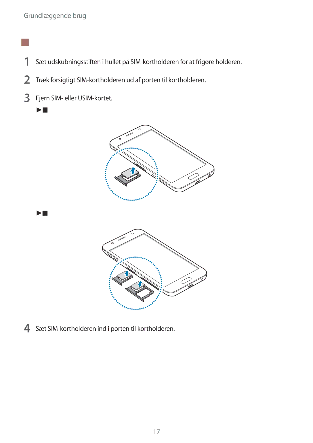 Samsung SM-J330FZSDNEE, SM-J330FZDDNEE, SM-J330FZKDNEE manual Fjerne SIM- eller USIM-kortet 