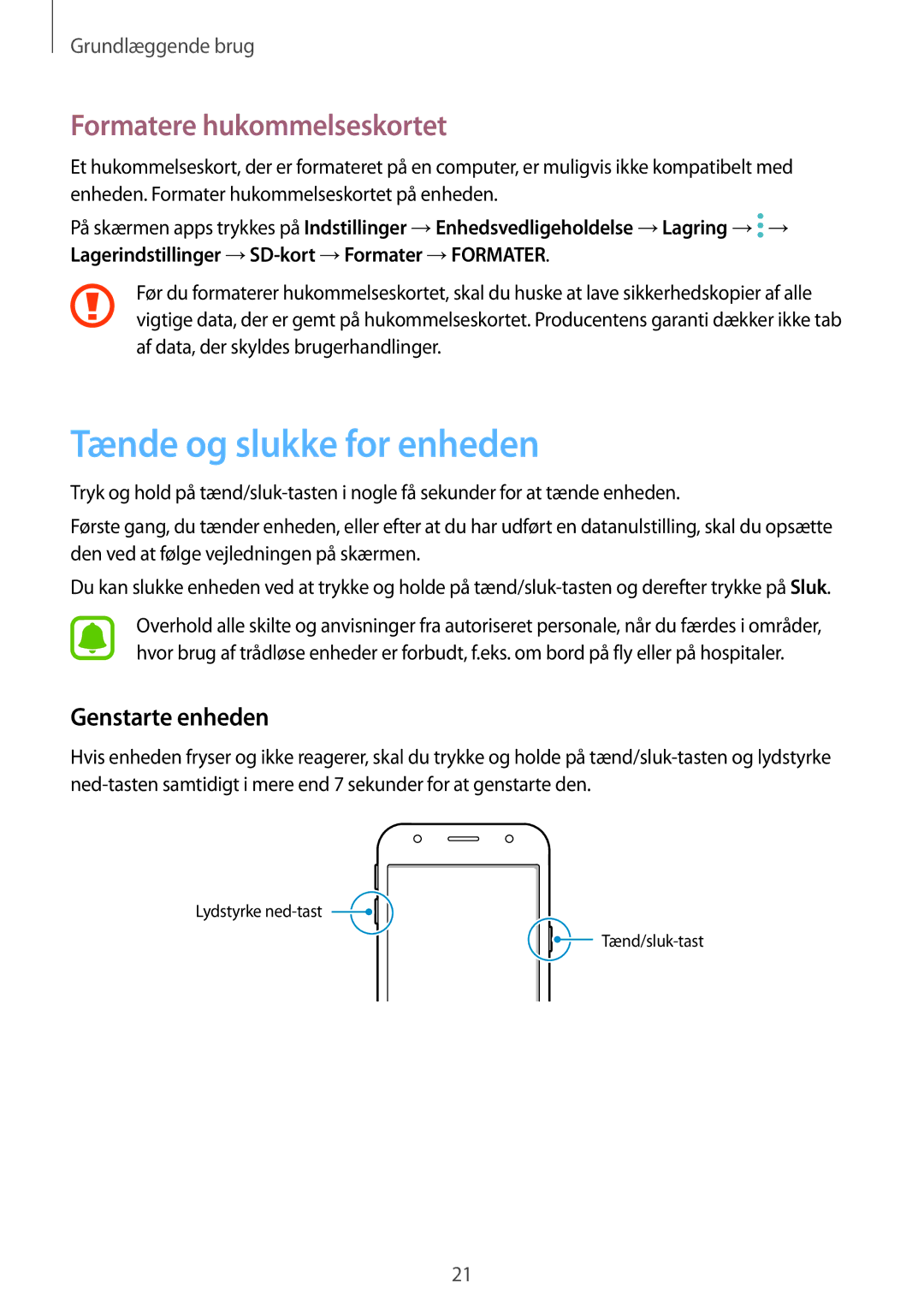 Samsung SM-J330FZDDNEE, SM-J330FZKDNEE manual Tænde og slukke for enheden, Formatere hukommelseskortet, Genstarte enheden 