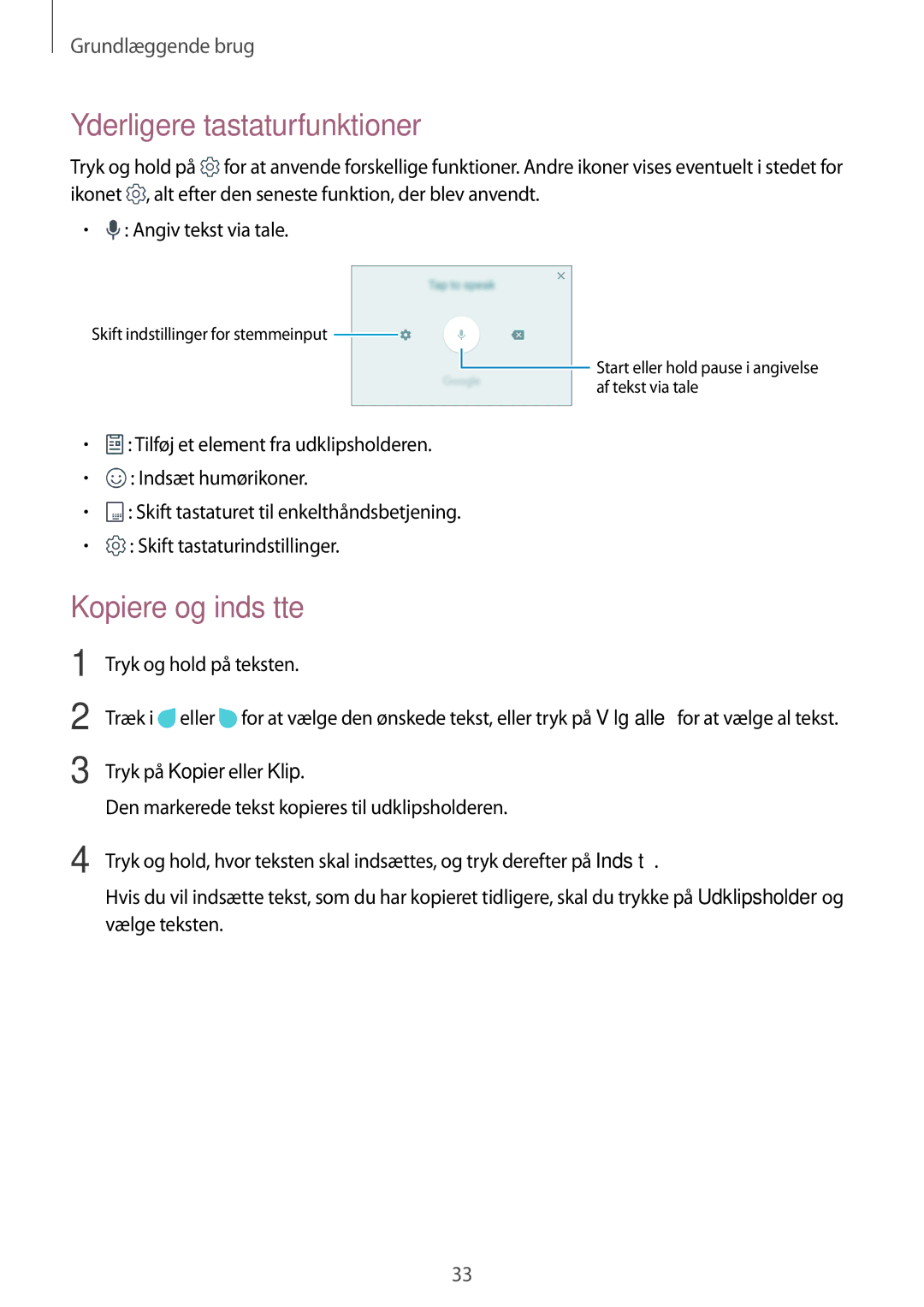 Samsung SM-J330FZDDNEE, SM-J330FZKDNEE, SM-J330FZSDNEE manual Yderligere tastaturfunktioner, Kopiere og indsætte 