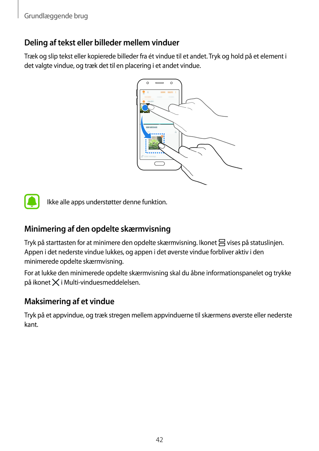 Samsung SM-J330FZDDNEE manual Deling af tekst eller billeder mellem vinduer, Minimering af den opdelte skærmvisning 