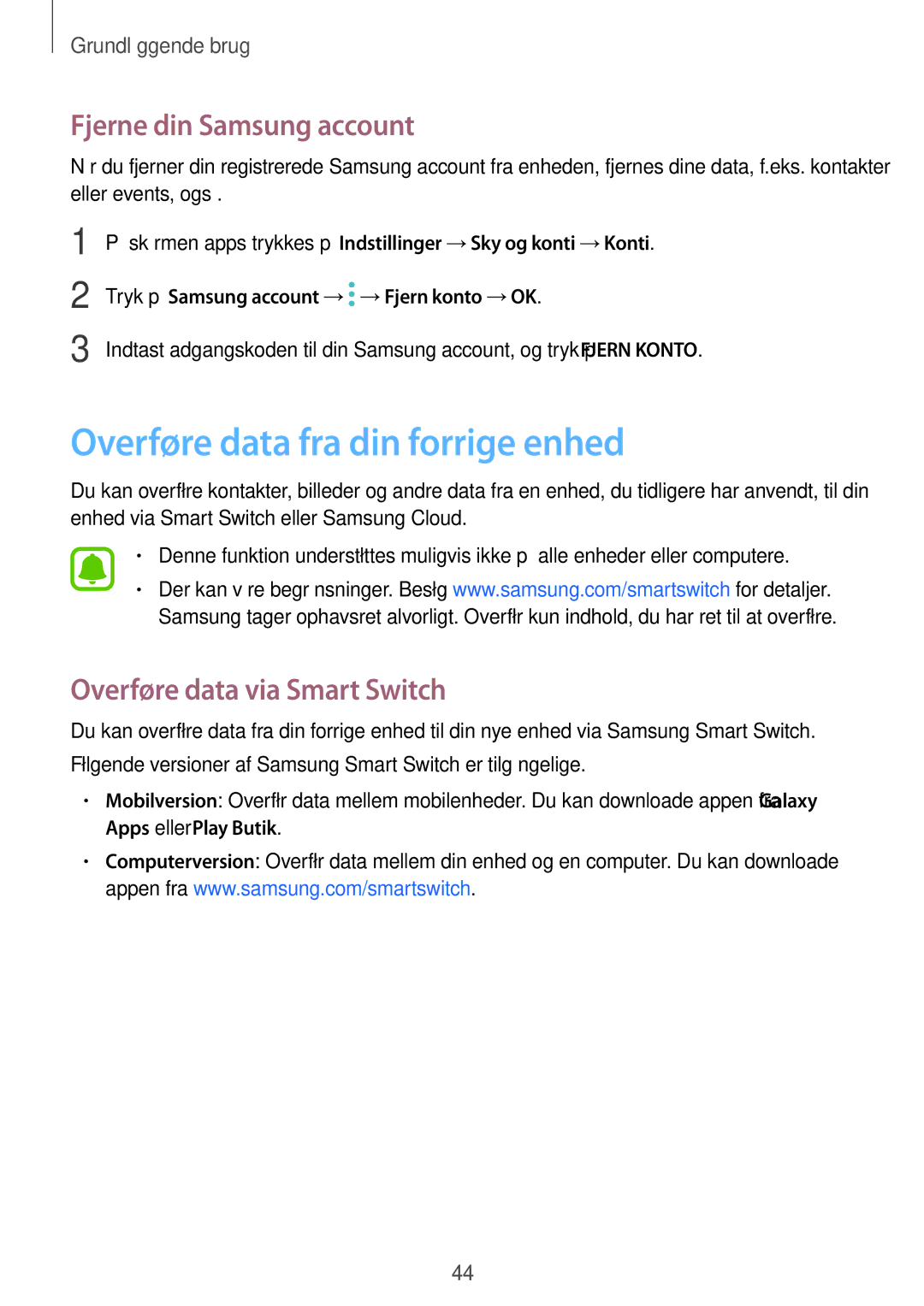 Samsung SM-J330FZSDNEE Overføre data fra din forrige enhed, Fjerne din Samsung account, Overføre data via Smart Switch 