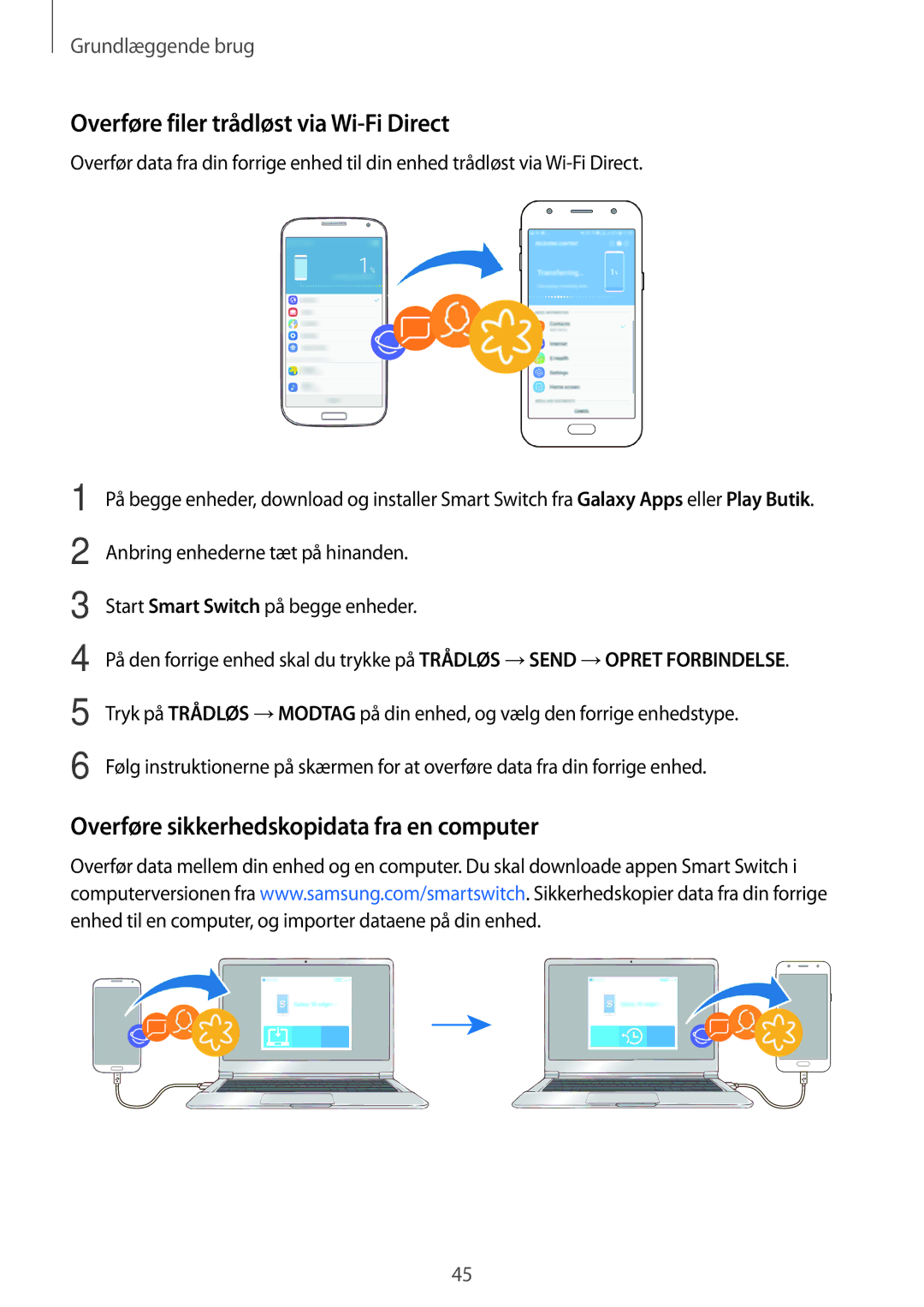 Samsung SM-J330FZDDNEE manual Overføre filer trådløst via Wi-Fi Direct, Overføre sikkerhedskopidata fra en computer 