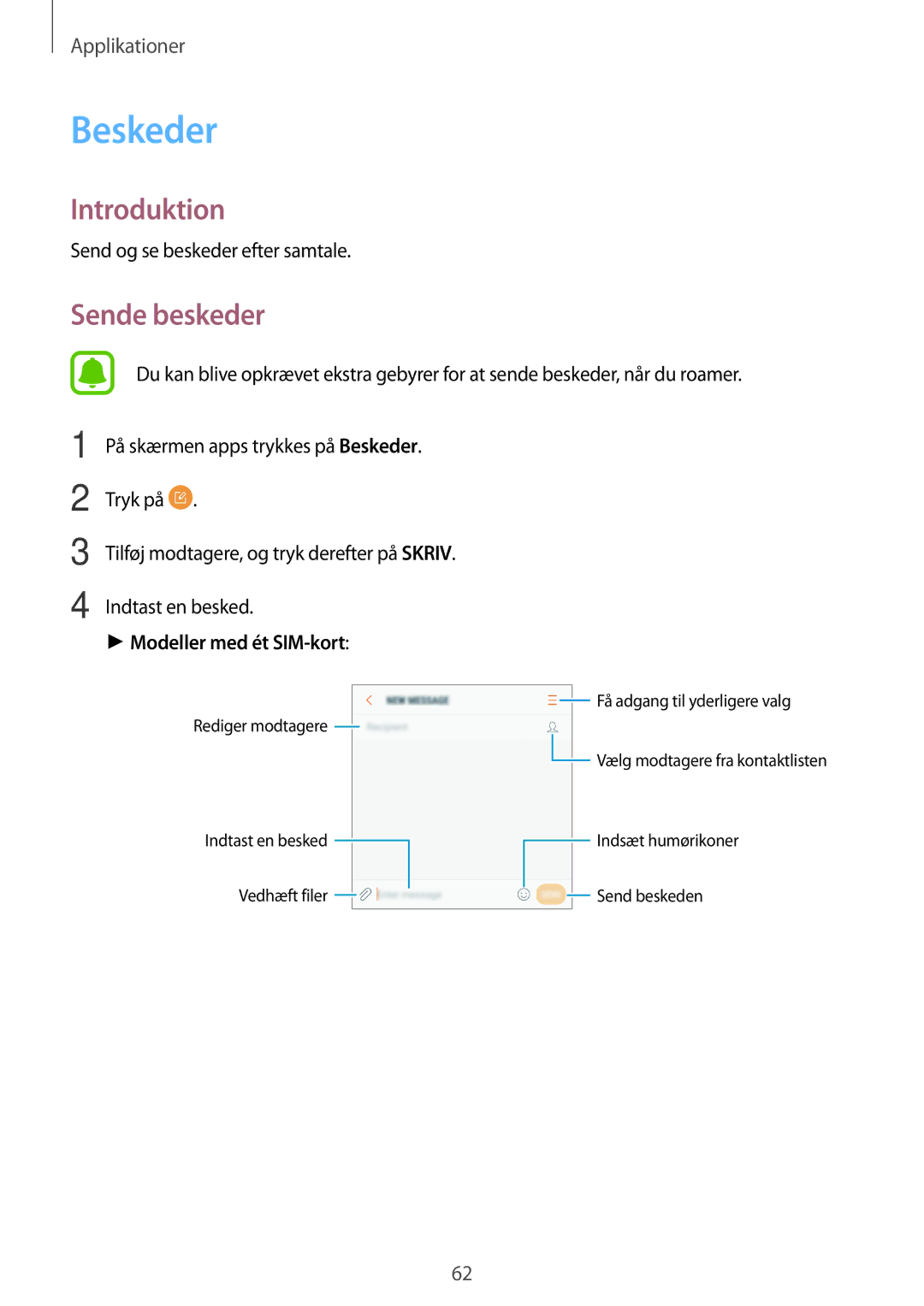 Samsung SM-J330FZSDNEE, SM-J330FZDDNEE, SM-J330FZKDNEE manual Beskeder, Sende beskeder 