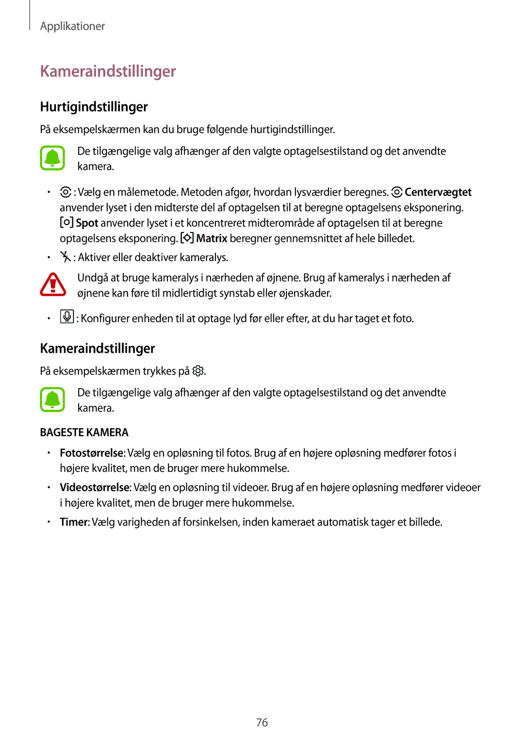 Samsung SM-J330FZKDNEE, SM-J330FZDDNEE, SM-J330FZSDNEE manual Kameraindstillinger, Hurtigindstillinger 