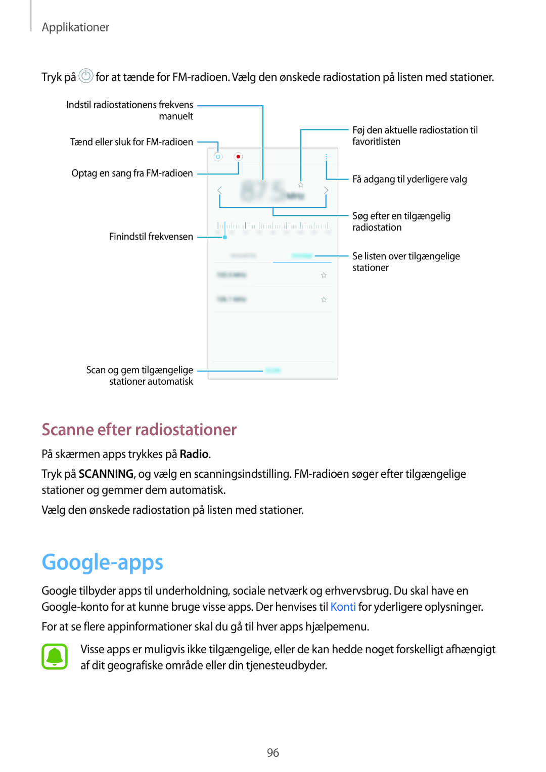 Samsung SM-J330FZDDNEE, SM-J330FZKDNEE, SM-J330FZSDNEE manual Google-apps, Scanne efter radiostationer 