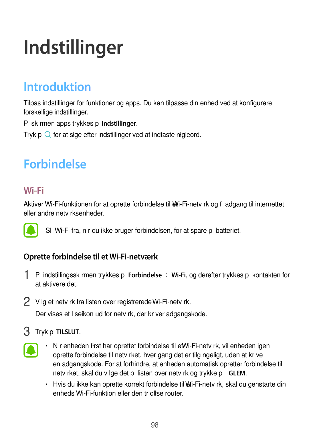 Samsung SM-J330FZSDNEE, SM-J330FZDDNEE manual Introduktion, Forbindelse, Oprette forbindelse til et Wi-Fi-netværk 