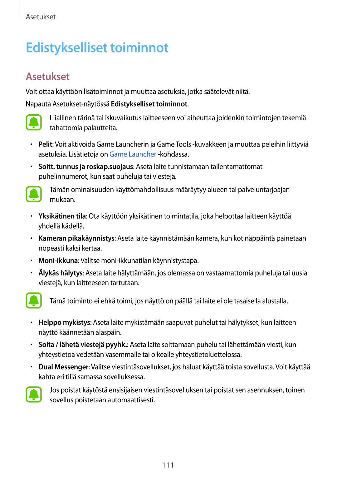 Samsung SM-J330FZDDNEE, SM-J330FZKDNEE, SM-J330FZSDNEE manual Edistykselliset toiminnot 