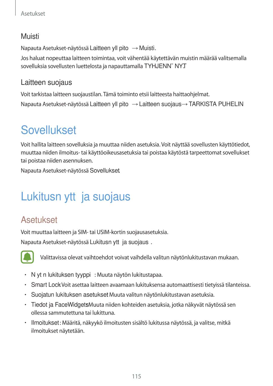 Samsung SM-J330FZKDNEE, SM-J330FZDDNEE, SM-J330FZSDNEE manual Sovellukset, Lukitusnäyttö ja suojaus, Muisti, Laitteen suojaus 