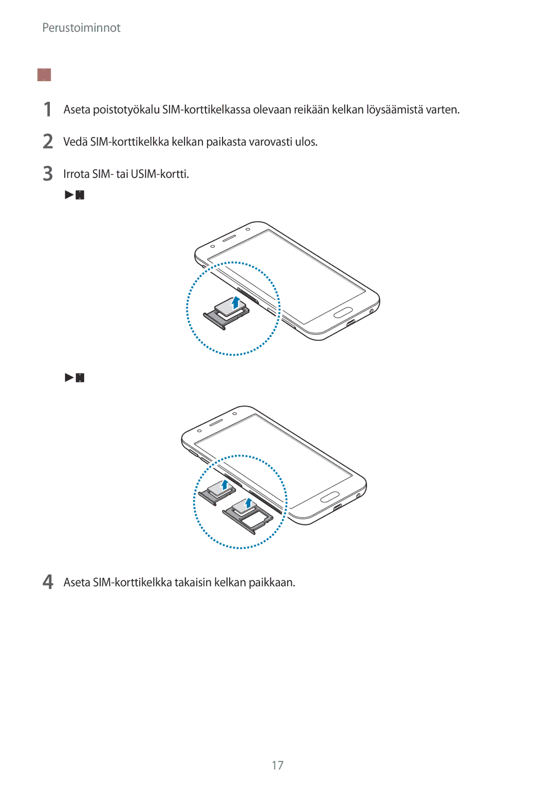 Samsung SM-J330FZSDNEE, SM-J330FZDDNEE SIM- tai USIM-kortin poistaminen, Yhden SIM-kortin mallit Kahden SIM-kortin mallit 