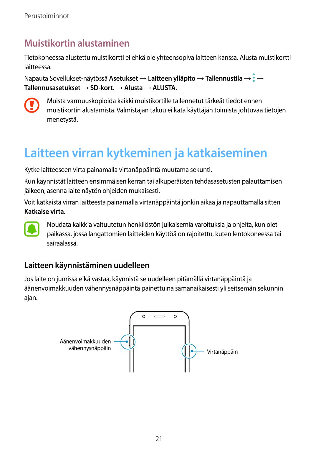 Samsung SM-J330FZDDNEE, SM-J330FZKDNEE manual Laitteen virran kytkeminen ja katkaiseminen, Muistikortin alustaminen 