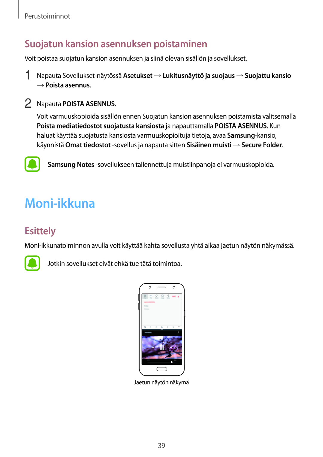 Samsung SM-J330FZDDNEE, SM-J330FZKDNEE, SM-J330FZSDNEE manual Moni-ikkuna, Suojatun kansion asennuksen poistaminen 