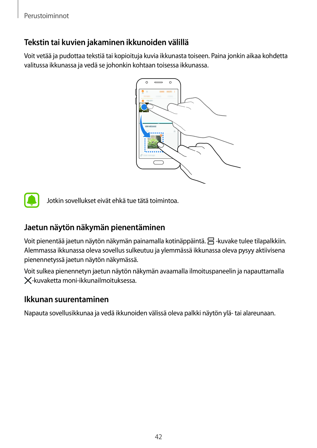 Samsung SM-J330FZDDNEE manual Tekstin tai kuvien jakaminen ikkunoiden välillä, Jaetun näytön näkymän pienentäminen 