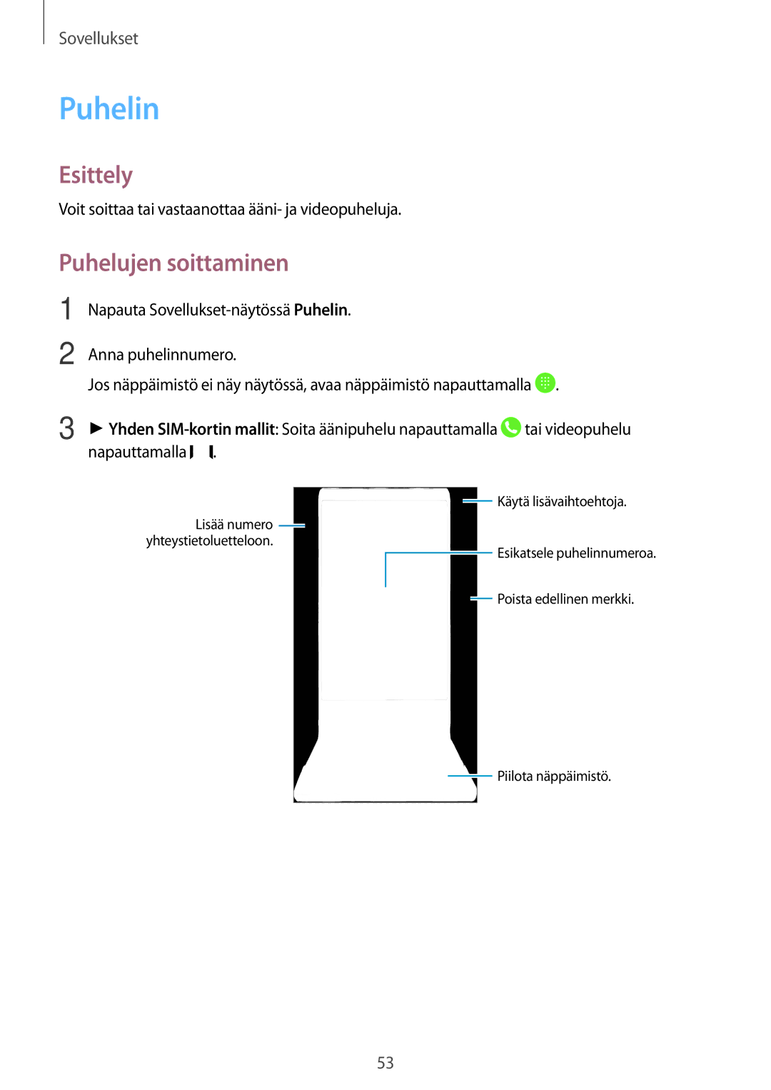 Samsung SM-J330FZSDNEE, SM-J330FZDDNEE, SM-J330FZKDNEE manual Puhelin, Puhelujen soittaminen 