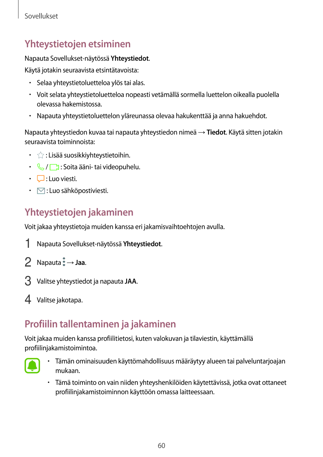 Samsung SM-J330FZDDNEE manual Yhteystietojen etsiminen, Yhteystietojen jakaminen, Profiilin tallentaminen ja jakaminen 