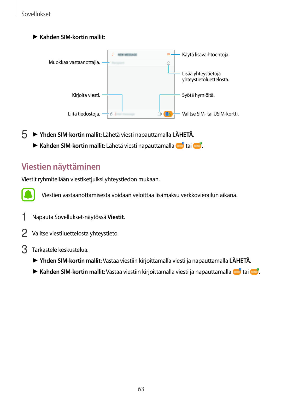 Samsung SM-J330FZDDNEE, SM-J330FZKDNEE, SM-J330FZSDNEE manual Viestien näyttäminen, Kahden SIM-kortin mallit 