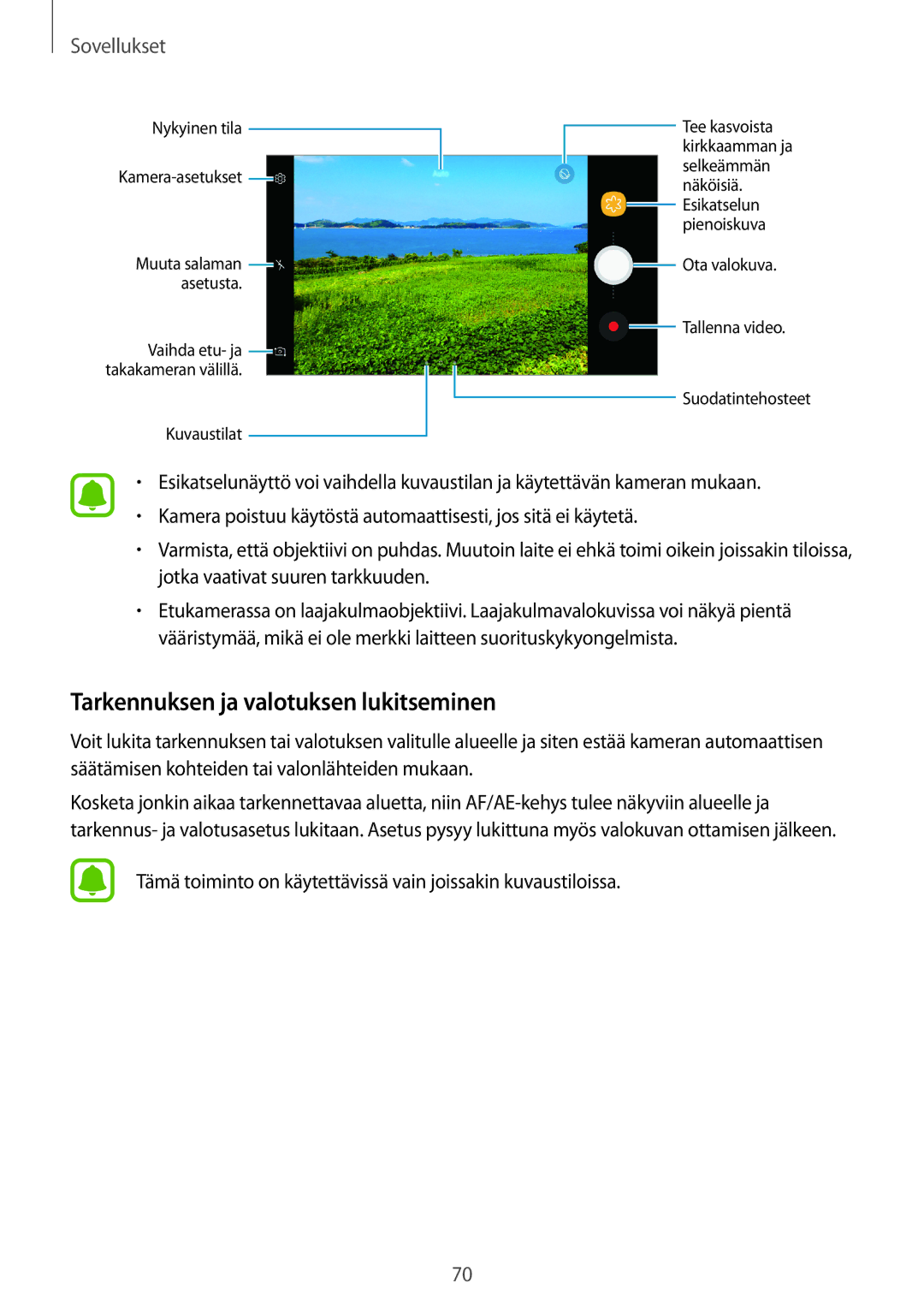 Samsung SM-J330FZKDNEE, SM-J330FZDDNEE, SM-J330FZSDNEE manual Tarkennuksen ja valotuksen lukitseminen 