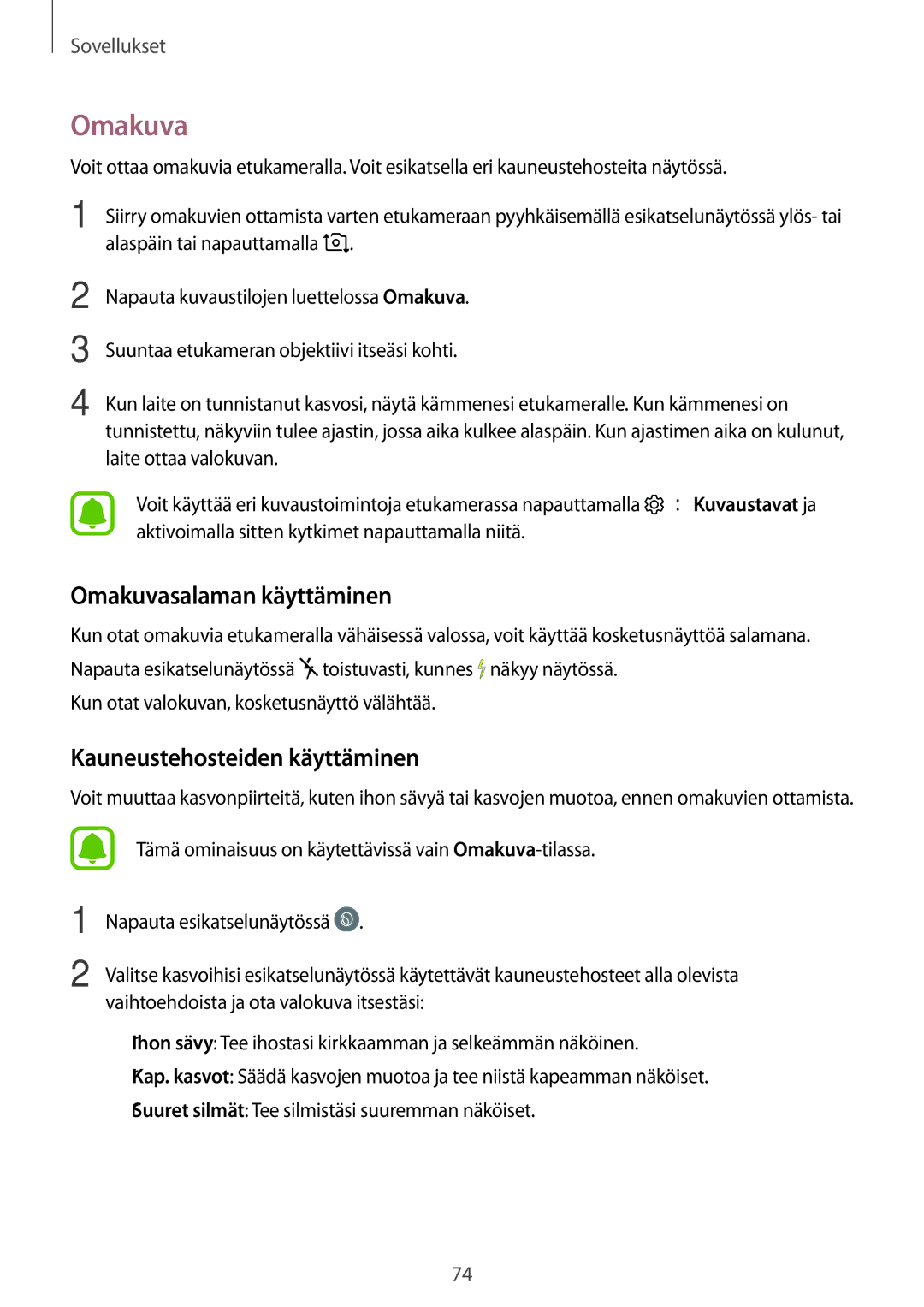 Samsung SM-J330FZSDNEE, SM-J330FZDDNEE, SM-J330FZKDNEE manual Omakuvasalaman käyttäminen, Kauneustehosteiden käyttäminen 