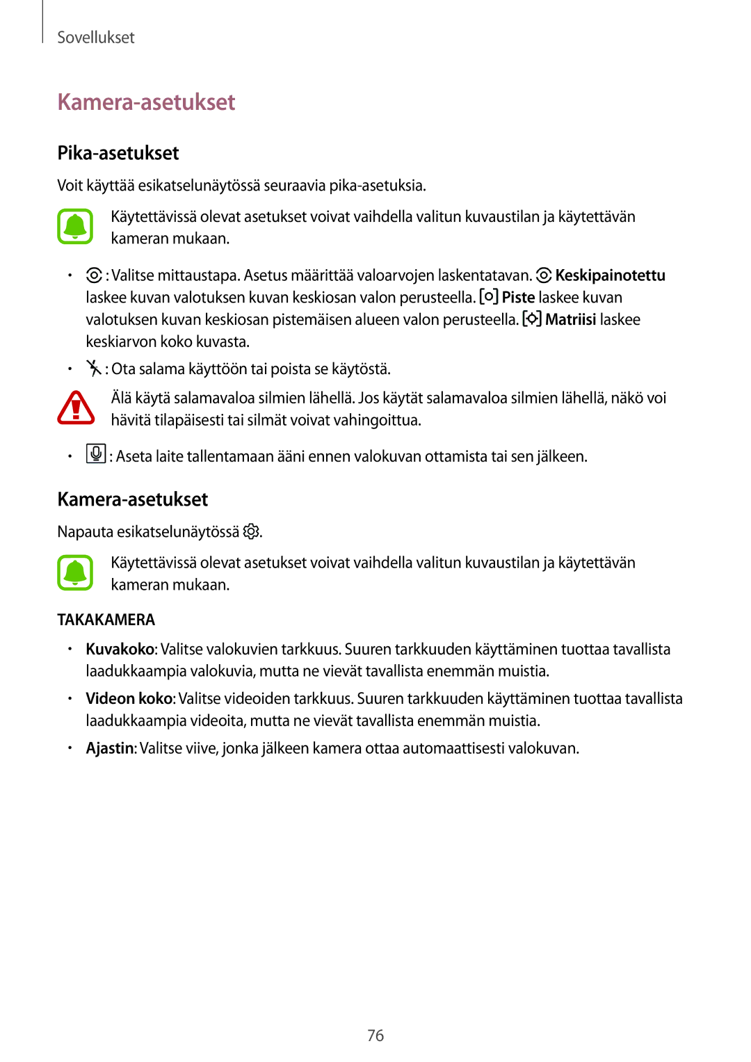 Samsung SM-J330FZKDNEE, SM-J330FZDDNEE, SM-J330FZSDNEE manual Kamera-asetukset, Pika-asetukset 