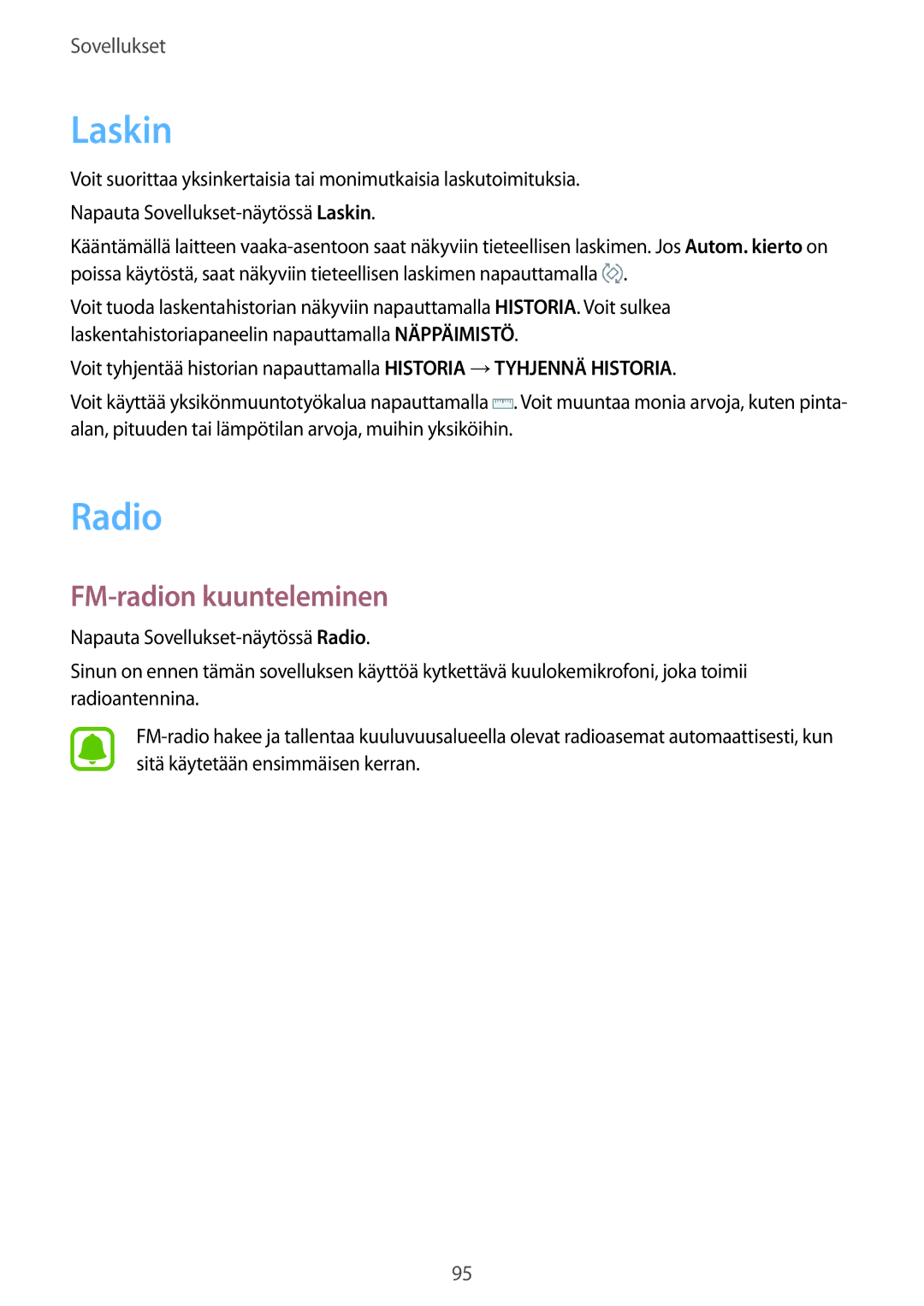 Samsung SM-J330FZSDNEE, SM-J330FZDDNEE, SM-J330FZKDNEE manual Laskin, Radio, FM-radion kuunteleminen 