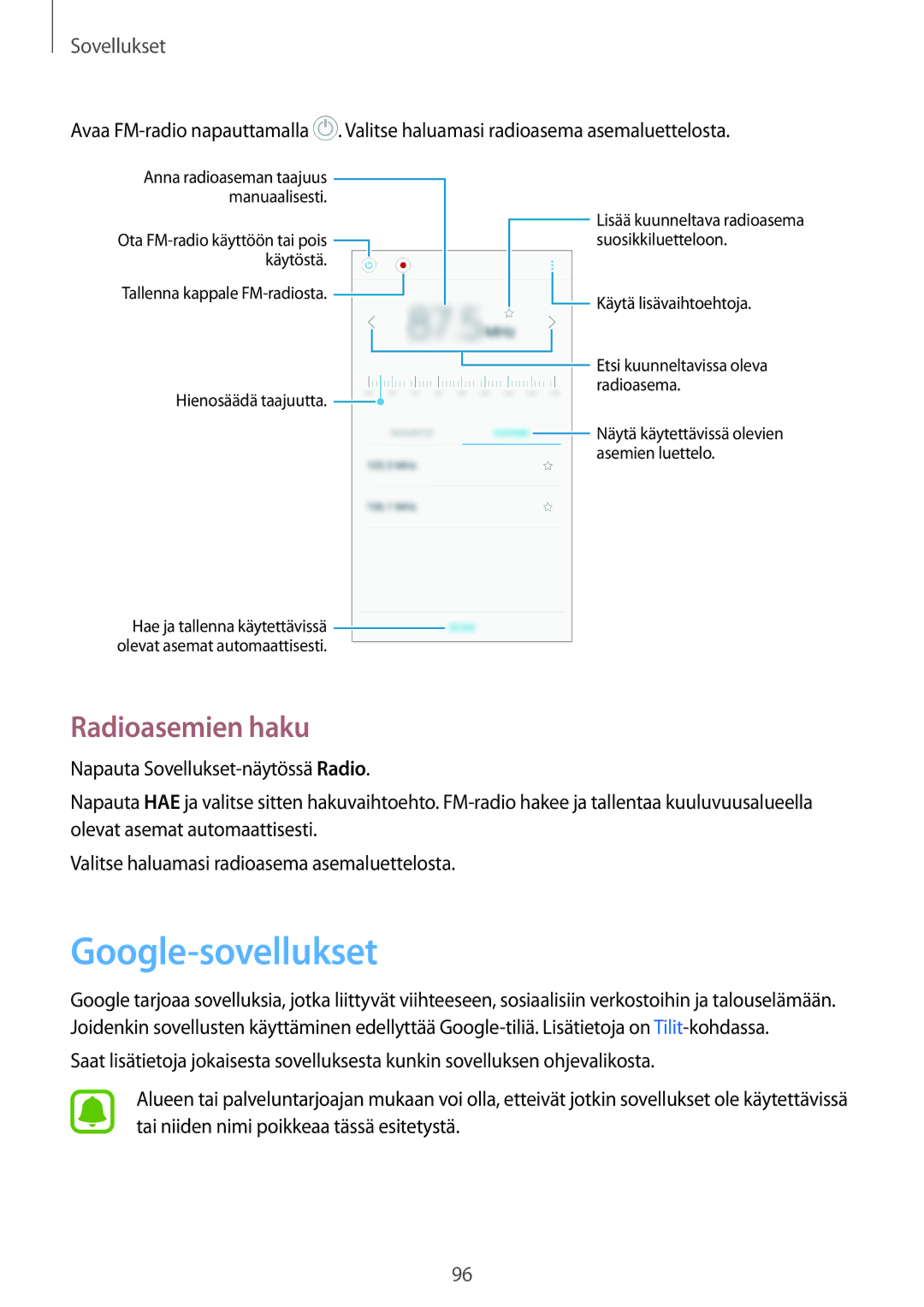 Samsung SM-J330FZDDNEE, SM-J330FZKDNEE, SM-J330FZSDNEE manual Google-sovellukset, Radioasemien haku 